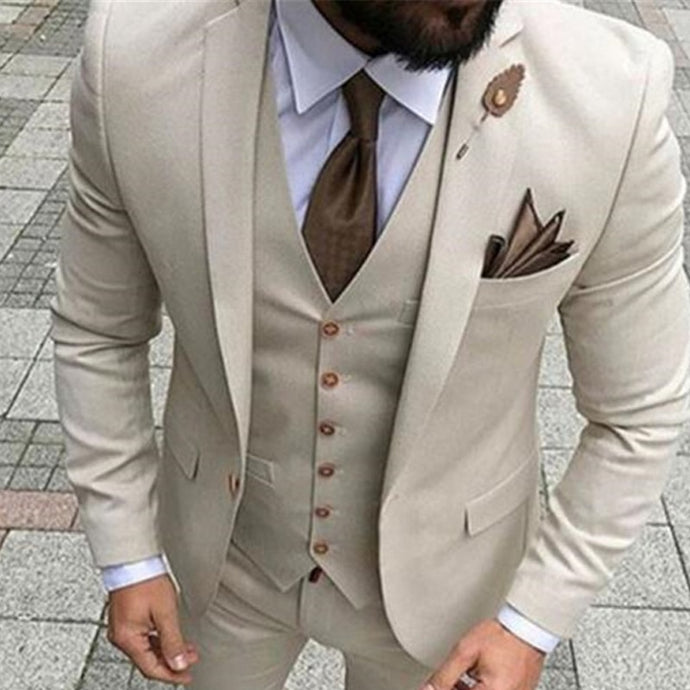 Men Suits With Pant 2018 Terno Masculino Slim Fit Smoking Formal Tuxedo Beige 3 Pieces Wedding Suits For Men Groomsman Suits