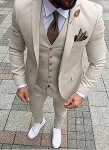 Men Suits With Pant 2018 Terno Masculino Slim Fit Smoking Formal Tuxedo Beige 3 Pieces Wedding Suits For Men Groomsman Suits