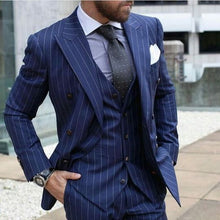 Load image into Gallery viewer, 2020 Latest Coat Pant Designs Navy Blue Strip Pattern Men Suit Formal Skinny Blazer Modern Custom Men Tuxedo 3 Piece Terno