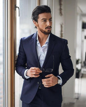 Load image into Gallery viewer, Navy Blue Mens Suits Groom Tuxedos Groomsmen Wedding Party Dinner Men Latest Designs Best Man Suits 2 Pc (Jacket+Pants+Tie)