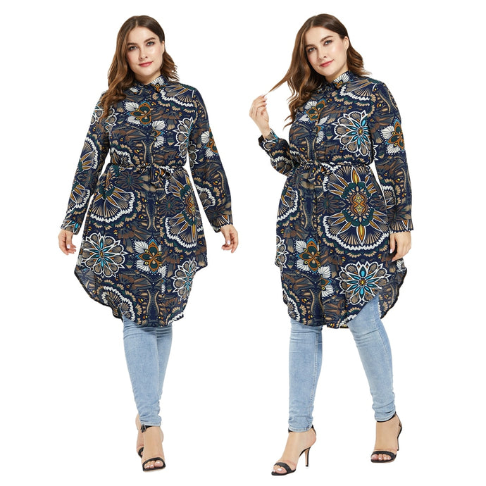 Muslim Women Long Sleeve Printed Top Long Shirt Tops Abaya Turkey T-Shirt Arab Dubai Fashion Islamic Casual Plus Size