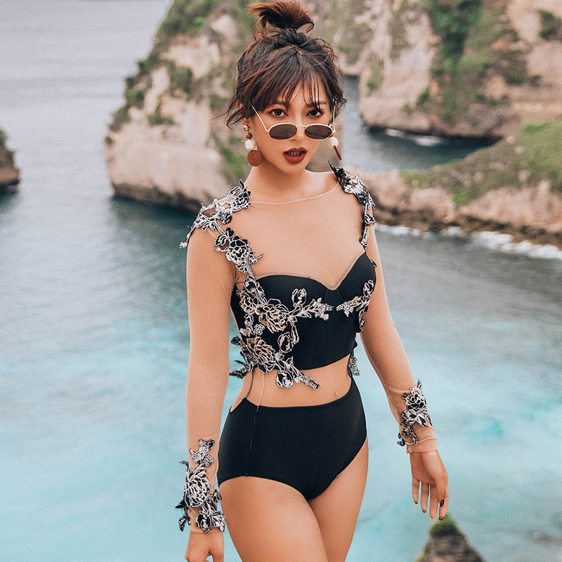 Women's One Piece Push Up White Long Sleeve Backless Bikini Set