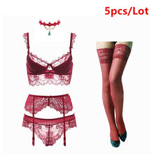 Load image into Gallery viewer, Varsbaby sexy lace push up bra sets bra+panties+garter+stockings+necklace Christmas 5 Pcs/Lots