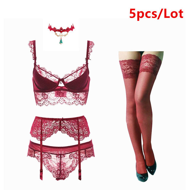 Varsbaby sexy lace push up bra sets bra+panties+garter+stockings+necklace Christmas 5 Pcs/Lots