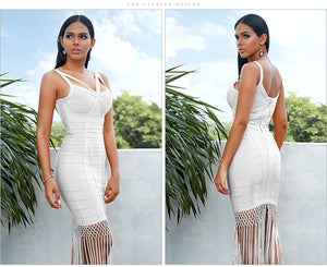 Adyce 2020 New Summer Women Fringe Bandage Dress Vestidos Sexy Sleeveless Tassel Bodycon Club Midi Celebrity Evening Party Dress