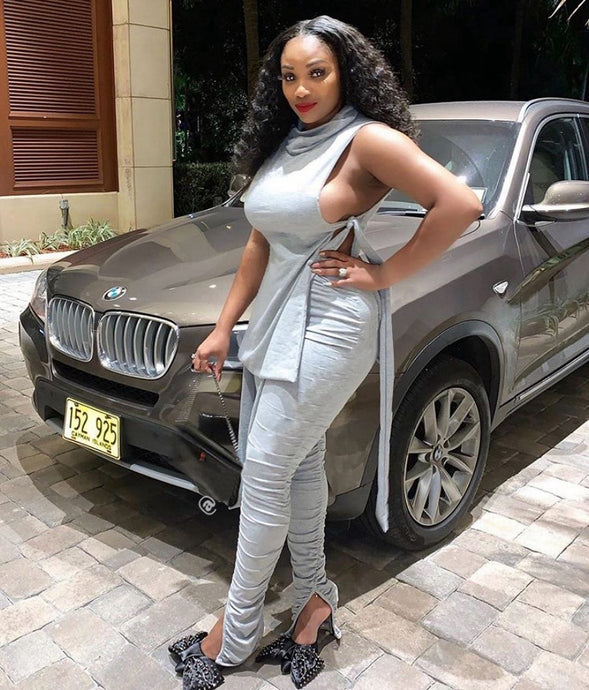 ANJAMANOR Lace Up Bodycon Bandage Sexy 2 Piece Set Women Two Piece Ruched Pants Outfits Clubwear Matching Sets 2020 D64-AF97