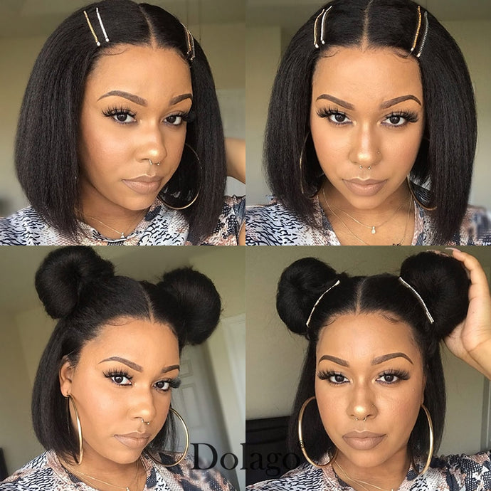 Kinky Straight 13x6 Lace Front Human Hair Wigs 180 Density Coarse Yaki Brazilian Short Bob 360 Lace Frontal Wig Dolago Full