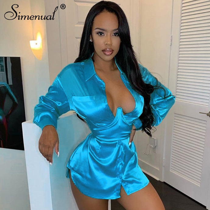Simenual Sexy Hot Clubwear Women Satin Dress Fashion Deep V Neck Bodycon Party Dresses 2019 Autumn Long Sleeve Silk Mini Dress