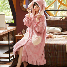 Load image into Gallery viewer, Autumn Winter Women Hooded Pajama Sets Ruffled Warm Coral Flannel Sleepwear Set Solid Female Thick Long Soft Cute Nightwear