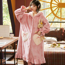 Load image into Gallery viewer, Autumn Winter Women Hooded Pajama Sets Ruffled Warm Coral Flannel Sleepwear Set Solid Female Thick Long Soft Cute Nightwear