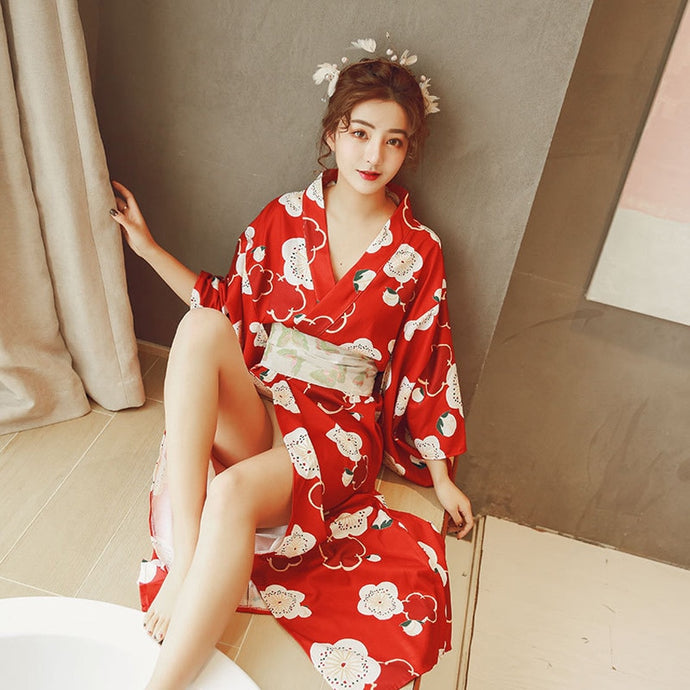 Japanese Girl Geisha Clothing Woman Kimono Dress Split Sakura Print V-neck Sexy Yukata Wedding Party Photography Performance