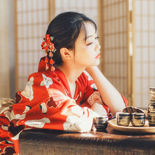 Load image into Gallery viewer, Japanese Girl Geisha Clothing Woman Kimono Dress Split Sakura Print V-neck Sexy Yukata Wedding Party Photography Performance