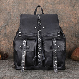 2020 new retro leather women backpack female handmade large-capacity leather casual rivet travel backpacks laptop school bags