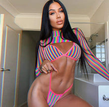 Load image into Gallery viewer, Rainbow Stripe E Print Long Sleeve Thong Bikini Swim Wear