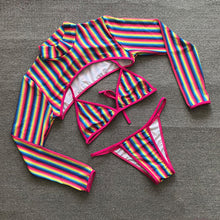 Load image into Gallery viewer, Rainbow Stripe E Print Long Sleeve Thong Bikini Swim Wear