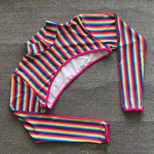 Load image into Gallery viewer, Rainbow Stripe E Print Long Sleeve Thong Bikini Swim Wear