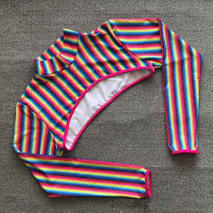 Rainbow Stripe E Print Long Sleeve Thong Bikini Swim Wear