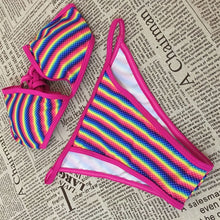 Load image into Gallery viewer, Rainbow Stripe E Print Long Sleeve Thong Bikini Swim Wear