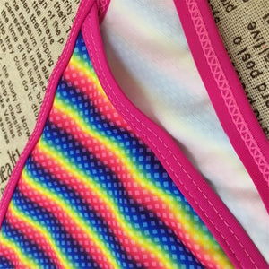 Rainbow Stripe E Print Long Sleeve Thong Bikini Swim Wear