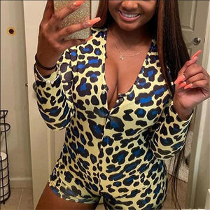 2020 New Sexy Women Deep V-neck Bodycon Sleepwear Jumpsuit Shorts Romper Bodysuit Leotard Long Sleeve Print Buttons Bodysuit Hot