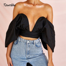Load image into Gallery viewer, Townlike Deep V Black Bow Sexy Crop Top Women Strapless Summer Tops Off Shoulder Bandage Crop Tank Top Streetwear Cropped 2020