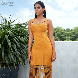 Adyce 2020 New Summer Women Fringe Bandage Dress Vestidos Sexy Sleeveless Tassel Bodycon Club Midi Celebrity Evening Party Dress