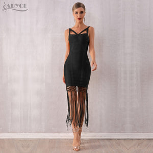 Adyce 2020 New Summer Women Fringe Bandage Dress Vestidos Sexy Sleeveless Tassel Bodycon Club Midi Celebrity Evening Party Dress