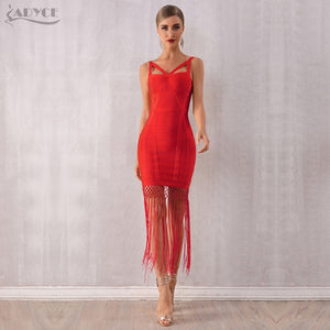 Adyce 2020 New Summer Women Fringe Bandage Dress Vestidos Sexy Sleeveless Tassel Bodycon Club Midi Celebrity Evening Party Dress