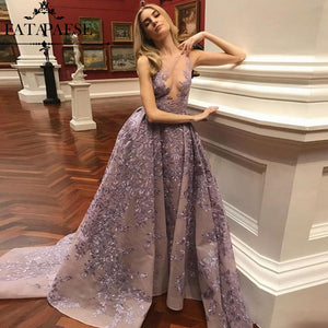 Luxury Muslim Lace Evening Dresses Long 2019 Court Train A line Arabic Dubai Formal Evening Gowns For Women Robe De Soiree