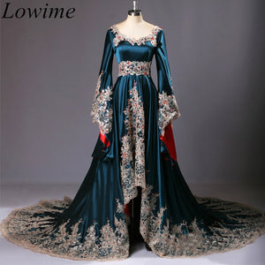 Pregnant Muslim Navy Blue Evening Dresses Long Hi-Lo Court Train Dubai Robe De Soiree Sexy Lace Women Dress Party Abendkleider