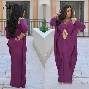 Dubai African South Straight Evening Dresses Sexy V Neck Gold Beaded Long Sleeve Muslim Formal Dress For Women Party Gowns