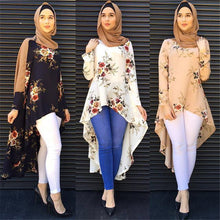 Load image into Gallery viewer, Dubai Arab Muslim Blouse and Shirt Women Print Floral Asymmetry Hem Loose Hijab Tops Islam Dovetail Blouses Islamic Clothing