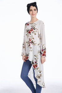 Dubai Arab Muslim Blouse and Shirt Women Print Floral Asymmetry Hem Loose Hijab Tops Islam Dovetail Blouses Islamic Clothing