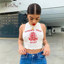 Load image into Gallery viewer, ArtSu White Black Knitting Printed O Neck Tank Top 2020 Summer Women Casual Skinny Streetwear Sexy Crop Top Female Club Tees Top