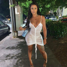 Load image into Gallery viewer, ANJAMANOR See Through Mesh Hot and Sexy White Bodycon Dress Club Wear Neon Drawstring Ruched Backless Mini Dresses D70-H23