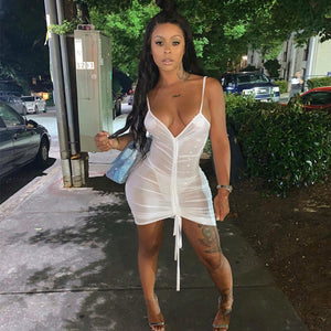 ANJAMANOR See Through Mesh Hot and Sexy White Bodycon Dress Club Wear Neon Drawstring Ruched Backless Mini Dresses D70-H23