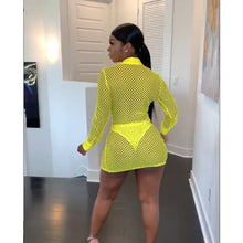 Load image into Gallery viewer, ANJAMANOR See Through Fishnet Mesh Dress Women Sexy Club Dresses Deep V Neck Long Sleeve Mini Bodycon Dress 2020 D37-AE33