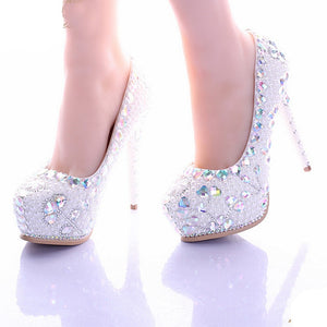 Lovely White Pearl High Heel Shoes Crystal Platform Gorgeous Diamond Rhinestone Women Formal Shoes