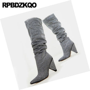 sheepskin slip on designer shoes women luxury 2019 diamond pointed toe high heel big size black knee rhinestone boots 10 chunky