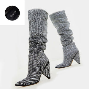 sheepskin slip on designer shoes women luxury 2019 diamond pointed toe high heel big size black knee rhinestone boots 10 chunky