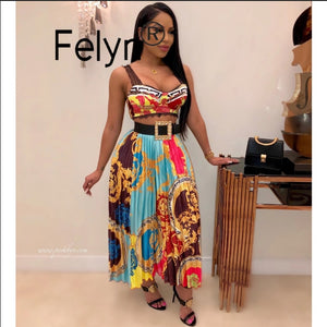 Felyn 2020 New Arrival Elegant 2 pieces A-line Dress Print Spaghetti Strap Night Party Midi Dress Vestidos