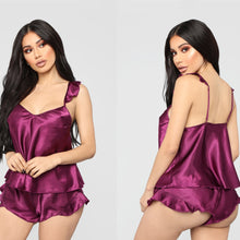 Load image into Gallery viewer, 2PCS Plus Size Women Shiny Silky Satin Pyjamas Set Summer Oversize Casual Ruffled Sleeveless V Neck Sleepwear Nightwear Lingerie