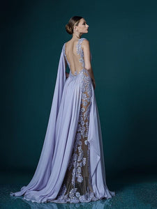 See Through Formal Celebrity Dresses A-line V-neck Chiffon Appliques Sexy Long Evening Dresses Famous Red Carpet Dresses