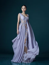 Load image into Gallery viewer, See Through Formal Celebrity Dresses A-line V-neck Chiffon Appliques Sexy Long Evening Dresses Famous Red Carpet Dresses