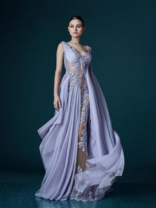 See Through Formal Celebrity Dresses A-line V-neck Chiffon Appliques Sexy Long Evening Dresses Famous Red Carpet Dresses