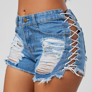 Women Jeans Denim Shorts Sexy Cross-Tying Shorts Low Waist Ladies Skinny Jeans Short  Summer Shorts Cut Off Holes