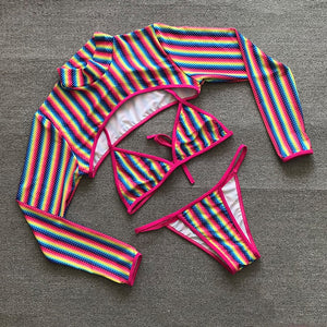 Rainbow Stripe E Print Long Sleeve Thong Bikini Swim Wear