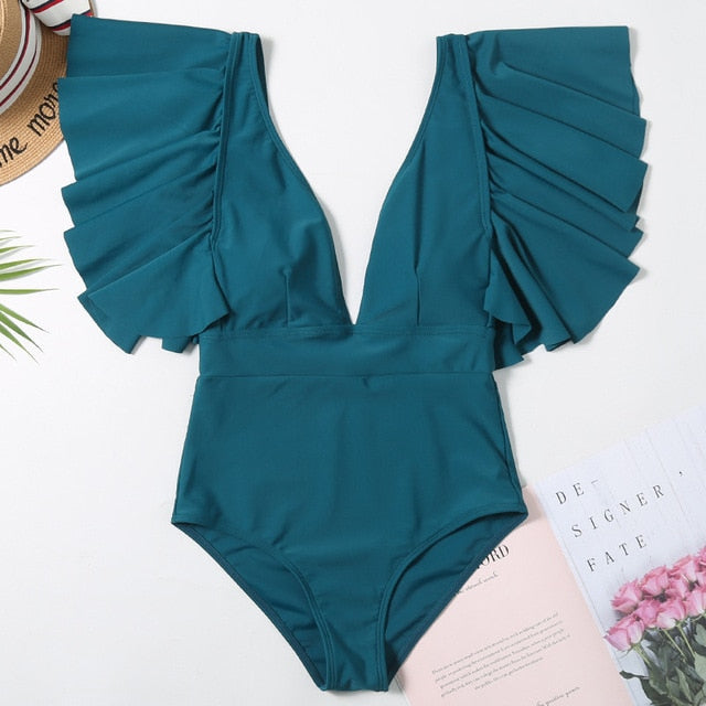 Sexy Deep V Neck Ruffled High Waist One Piece Swimsuit Ladies 2020 Monokini Backless Swimwear Women Swim Bathing Suit Trikini