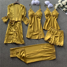 Load image into Gallery viewer, JULY&#39;S SONG 5 Pieces Women Pajamas Sets  Elegant Sexy Lace  Faux Silk Sleepwear Sets Stain Spring Summer Autumn Robe Home wear