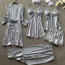 Load image into Gallery viewer, JULY&#39;S SONG 5 Pieces Women Pajamas Sets  Elegant Sexy Lace  Faux Silk Sleepwear Sets Stain Spring Summer Autumn Robe Home wear